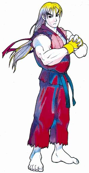 Drawing of Ken in Street Fighter Alpha 2. His appearance in the sub-series shows him with longer hair and a red hairband.