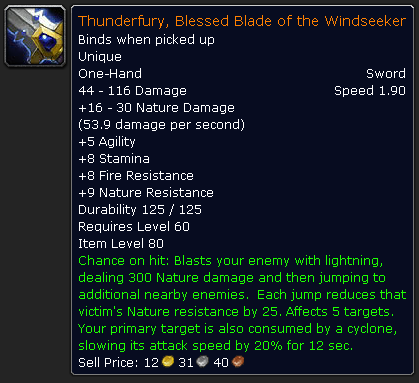 Stats of Thunderfury in World of Warcraft.
