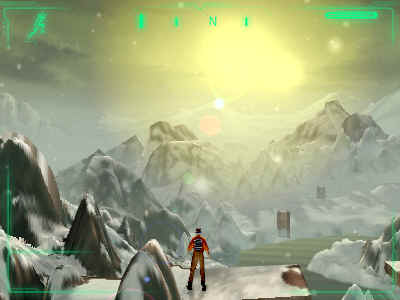 The snowy world of Ranzaar, demonstrating the engine's light bloom and particle effects, as well as organic landscapes.