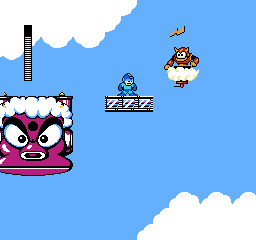Mega Man platforming among the clouds. 