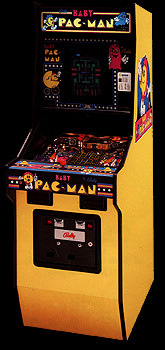 The Baby Pac-Man cabinet, with the video game portion on the top and the pinball portion bel0w it.