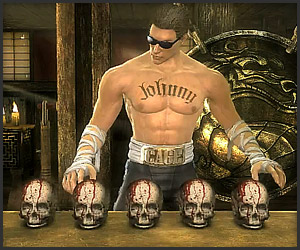Johnny Cage, playing the minigame from Tapper... but with SKULLS.