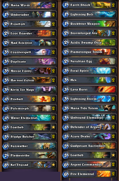My mage and shaman decks I used throughout the tournament. Note that Loatheb was not in my shaman until the finals, where I replaced a Chillwindyeti with it.