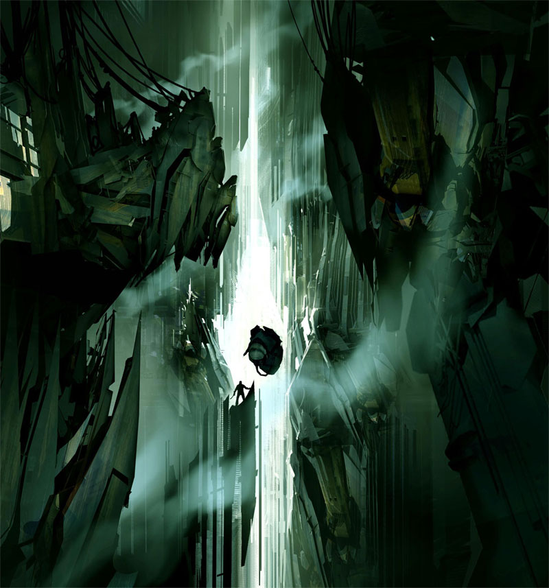 Concept art showing the protagonist, Gordon Freeman, facing off (or observing) a Combine Advisor.