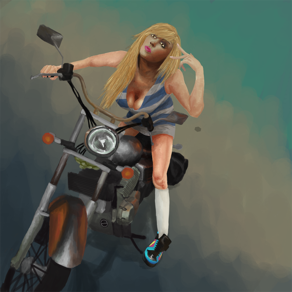  This is a more recent piece, I was trying to use a wider range of colours and to create realistic skin tones and details on the bike. I really like the leg shown as I think that and the foot look pretty realistic. 