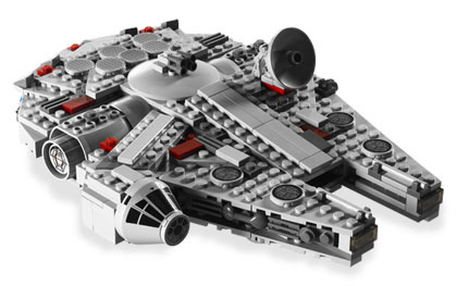 This Millennium Falcon is made out of LEGO-brand bricks. 