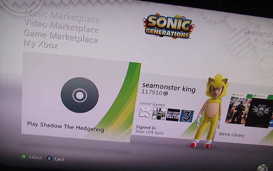 Here is a picture of the game in my 360 only posted so I can show off my Super Sonic avatar costume.