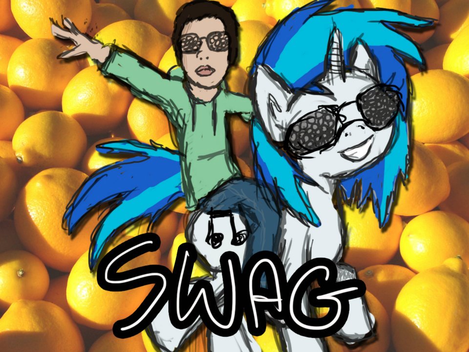 Instead of playing videogames, my friend draws Calvin Harris riding on Vinyl Scratch because PONIES.
