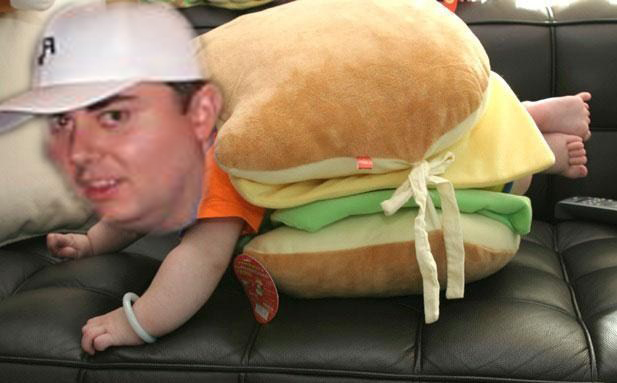 Baby Jeff in a cheeseburger outfit.
