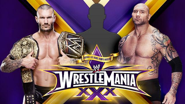 Randy Orton (c) vs. Batista vs. _______. Whoever wins between Daniel Bryan vs. Triple H from earlier in the night will be included in the main event.