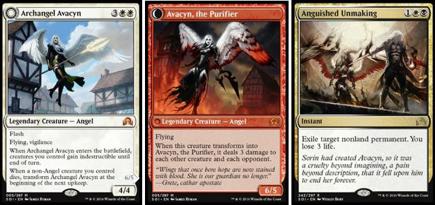 Two recent Magic: The Gathering cards; the first two images are the front and back faces of a single card.