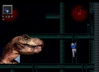 A Tyrannosaurus breaks through the wall of the power plant.