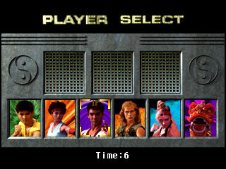 Portraits of the six playable characters. The three top boxes cover the three versions of Jackie Chan.