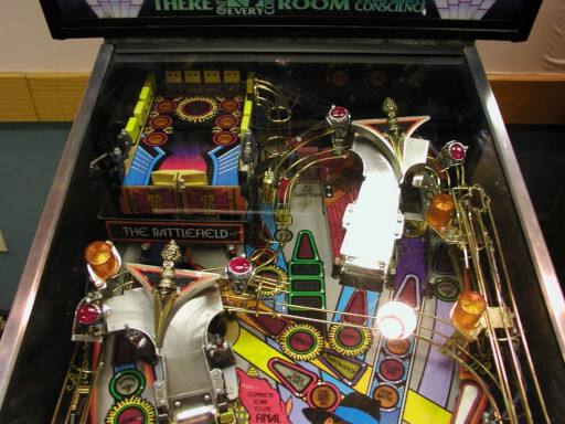 The upper third of Bally's The Shadow. The upper playfield is visible in the top left. Photo by Christopher Wolf.