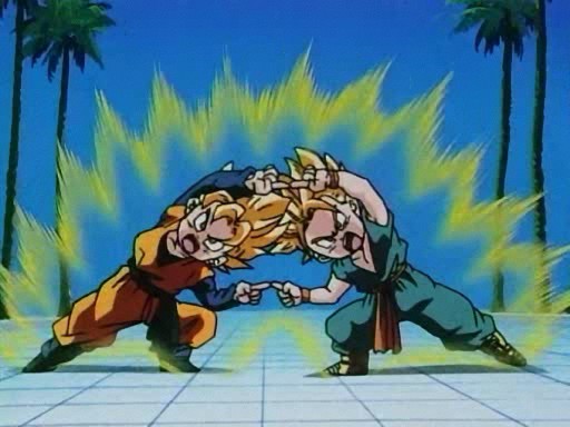 Goten and Trunks performing the fusion dance as Super Saiyans.