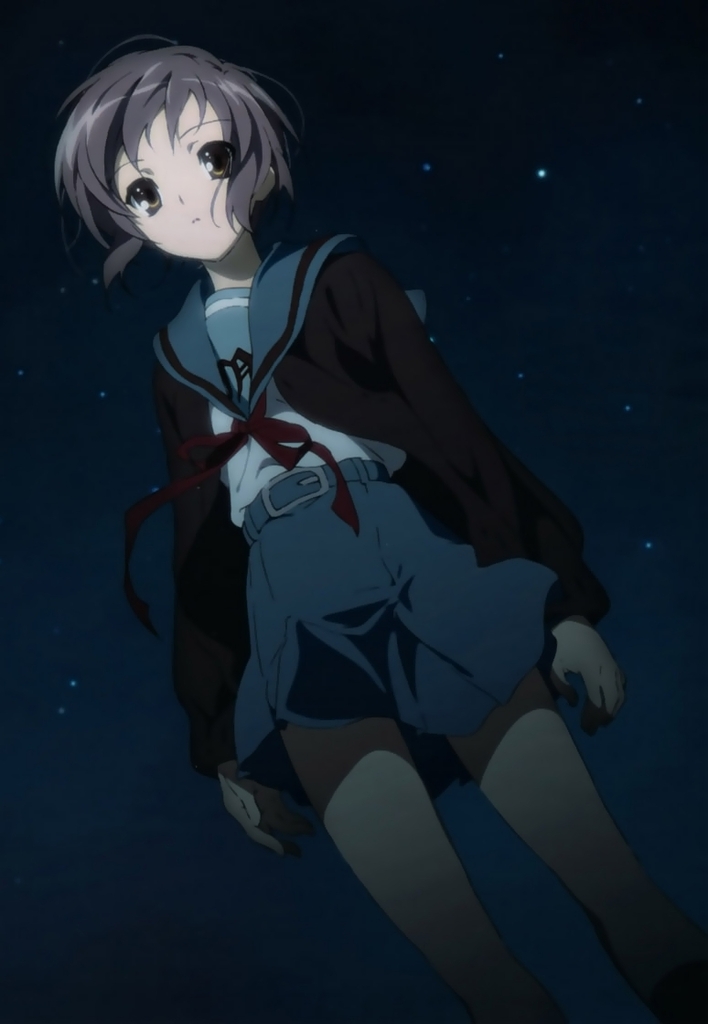 Yuki Nagato under a starry night sky.