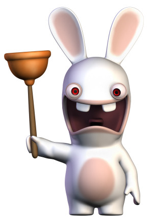 A common-variety rabbid brandishing a toilet plunger.