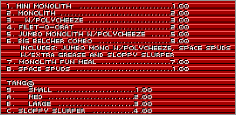 Monolith Burger's menu from Space Quest 3