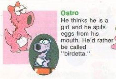 The SMB2 manual's blurb on Birdo. Note Birdo accidentally being labelled as Ostro, a different enemy.