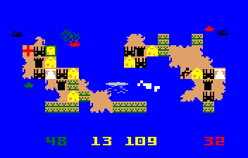 A typical gameplay screen showing two islands with various buildings, as well as different weather effects.