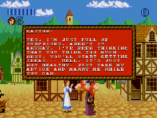 What's worse: this giant block of text within the first two minutes of the actual game, or Gaston's skills with the ladies?