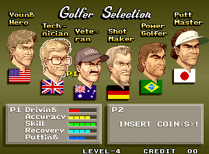 The game's six available golfers, each with different stats.