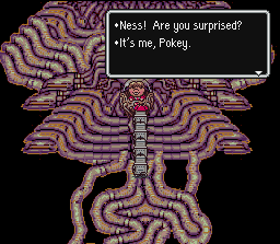 Pokey introducing the party to the Devil's Machine (containing Giygas' evil power)