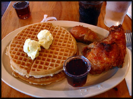 Traditional American Breakfast: Waffles, Fried Chicken, Syrup, Coke