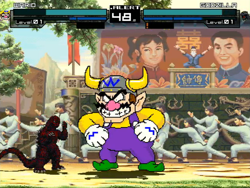 Believe it or not, tiny red Godzilla vs giant MS Paint Wario is one of the more normal matches you could see.
