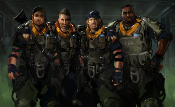 From left to right:  Guy who swears and opens doors, Player character, Other guy that swears and opens door,  Commander guy who swears and doesn't do anything right.