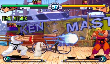 Ryu and Ken in a friendly battle in Street Fighter III: Third Strike.