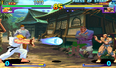 Ken performing an Hadouken against Ibuki in Street Fighter III: New Generation.