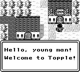 The player visiting the town of Topple.