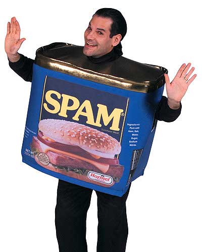 A man dressed as a can of Spam. Yes, a man dressed as a can of Spam.