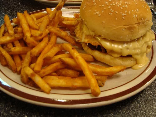 Denny's Slam Burger - Patty, Egg (over easy) Hashbrowns and cheddar cheese. : )