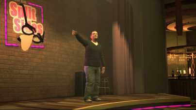 Ricky Gervais' likeness performing a comedy routine in GTA IV.