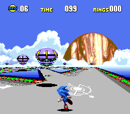 Sonic running towards a UFO in a special stage.