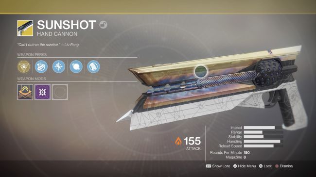 Exotic Hand Cannon, Sunshot, from Destiny 2