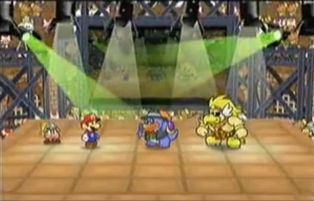 Mario and Rawk Hawk are ready to do battle at the arena with Grubba as the referee.