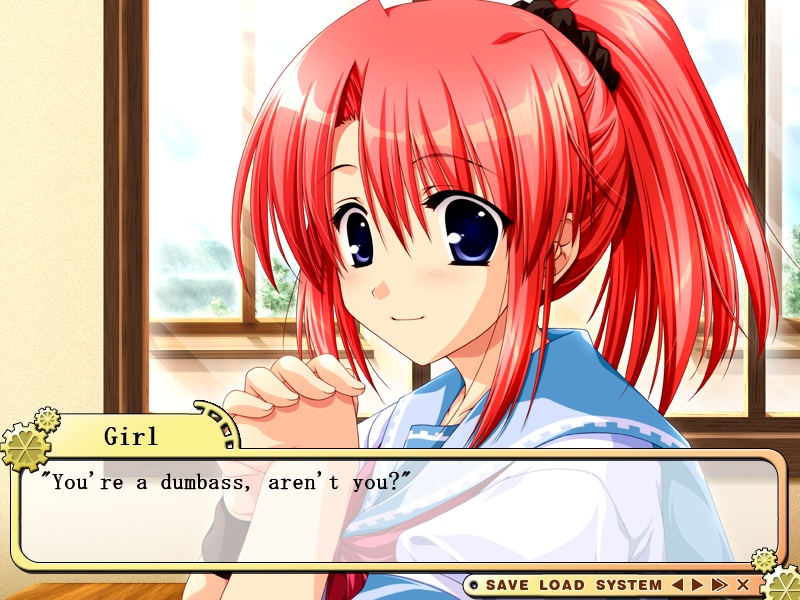 This is the heroine with the 12-hour obligation. (Oh and by the way, there are definitely points in this visual novel where the language gets vulgar more so than pictured, but justifiably so.) The protagonist's self-introduction to his class was a little ridiculous, prompting that response.