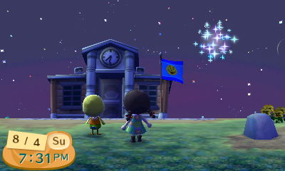 Watching a shiny firework at the town hall, with the proud flag of Peaceton.