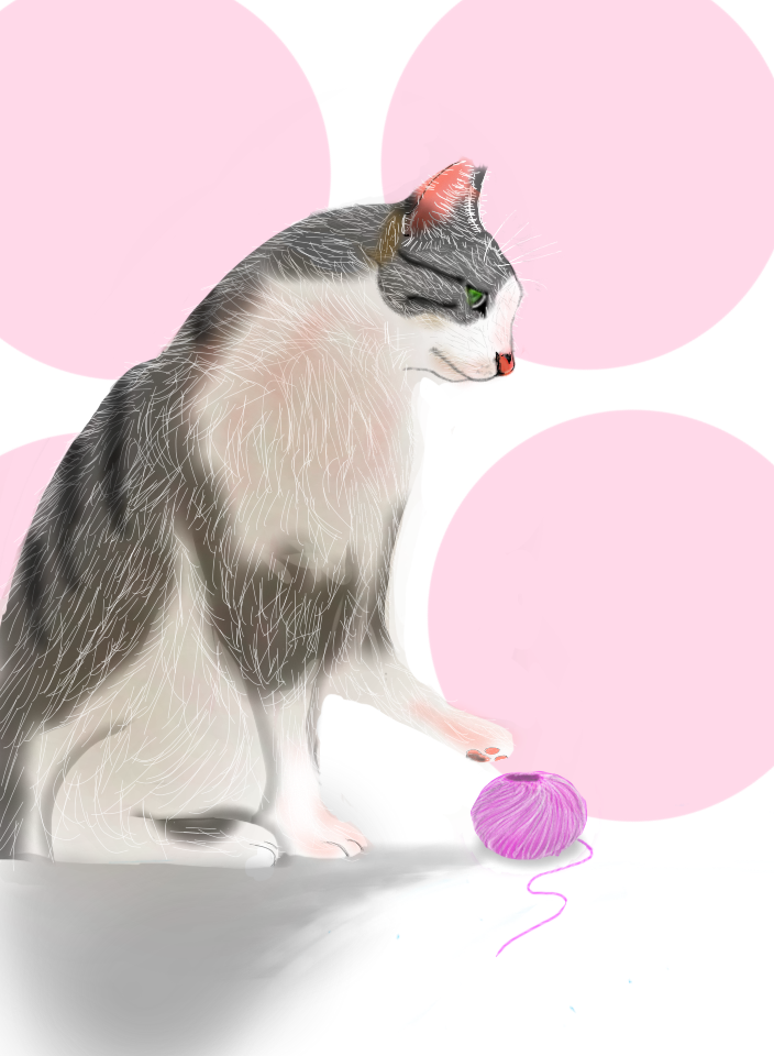 So I decided to draw a fluffy cat with a fluffy yarn. I like it a lot because of the pink background. Don't ask me why.