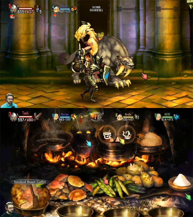 Birdie here. The cooking is a minigame where you and your companions cook the parts of monsters you've defeated and eat it after a stage to recover HP and earn bonus stats. Every meal looks so freaking delicious 