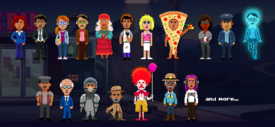 Some of the rather, well, vibrant characters you can play as/talk to in Thimbleweed Park