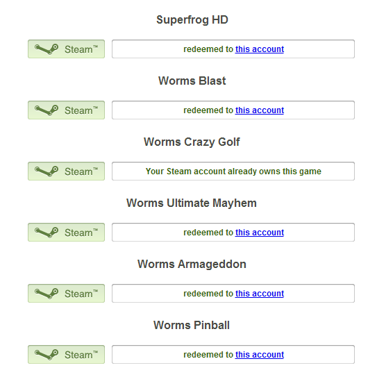 As you can see, I already owned Worms Crazy Golf and I can't gift the extra code :(