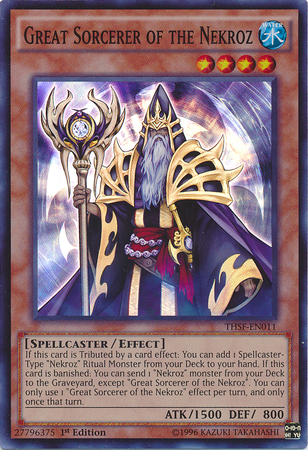 Searches a spellcaster type nekroz monster when used as a tribute (Valk or Unicore). Also acts as a foolish burial when bannished. 