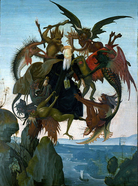 A renaissance era German painting of a pack of demons assailing a saint