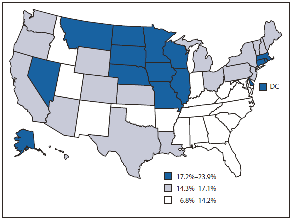 Prevalence of binge drinking among adults surveyed by landline telephone, by state