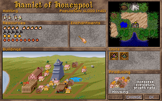 And here it is. The world map and the town map are very Civ-like, so it's no biggie getting acquainted with the UI in this game. That big purple eyesore sitting in the middle of that picturesque village is my personal wizard's tower, which signifies this town as my residence. For now.