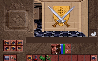 Lands of Lore is filled with dungeon dressing that your character will have something stupid to say about. Like this crest of arms Ak'shel just stupidly injured himself on like a stupid stupidface. It's a testament to this game's attention to detail and there's quite a few daft jokes to find.